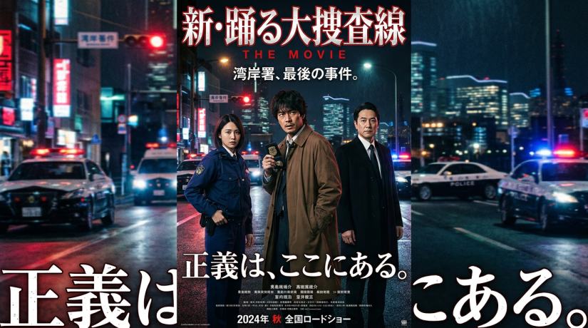 Three detectives on a city street at night with police cars and skyscrapers in the background