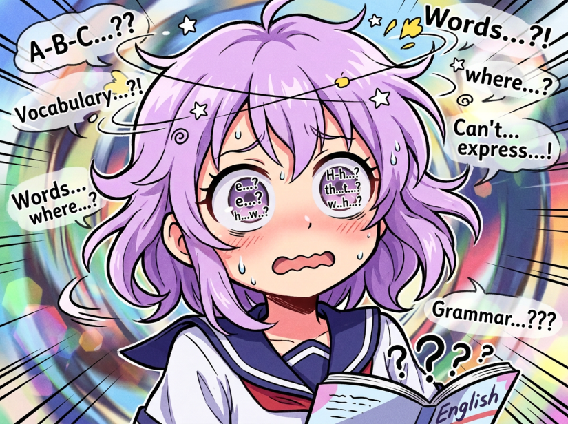 Lavender-haired anime student with spiral eyes, sweating and looking dizzy