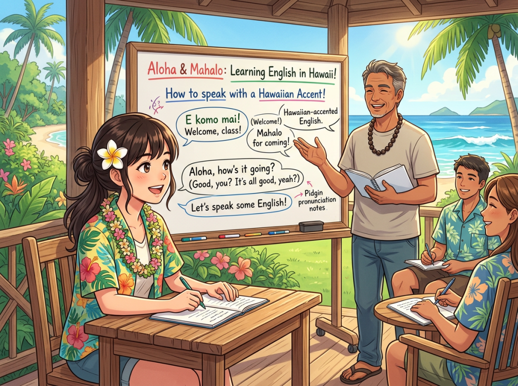 Teacher and students learning Hawaiian English beside a beachside whiteboard