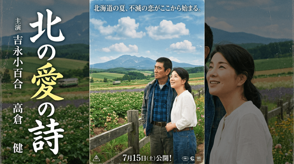 Japanese poster text: 北の愛の詩、主演 吉永小百合 高倉健、北海道の夏、不滅の恋がここから始まる。7月15日(土)公開！